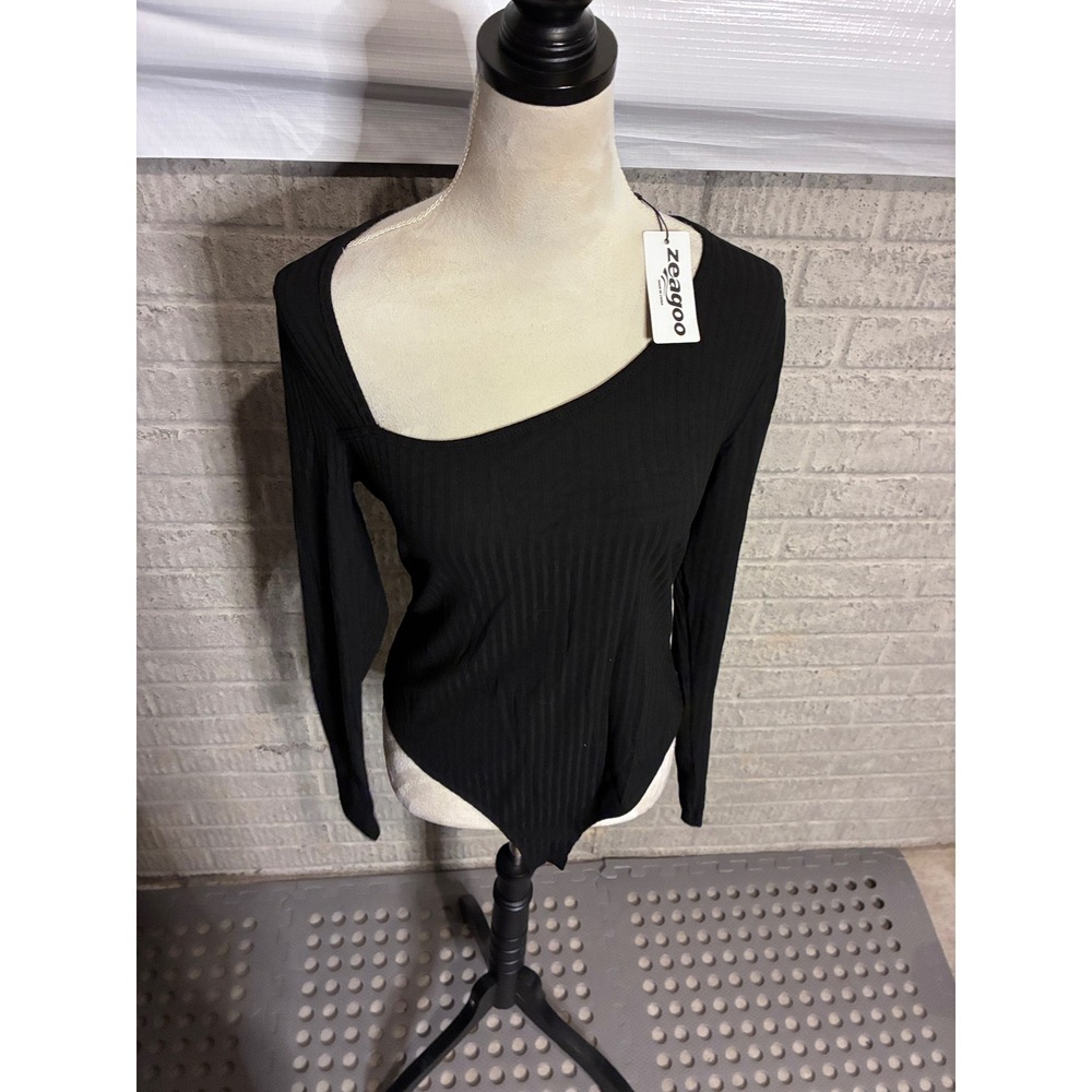 New Zeagoo Womens Black Ribbed Knit Asymmetrical Neckline Long Sleeve Bodysuit L